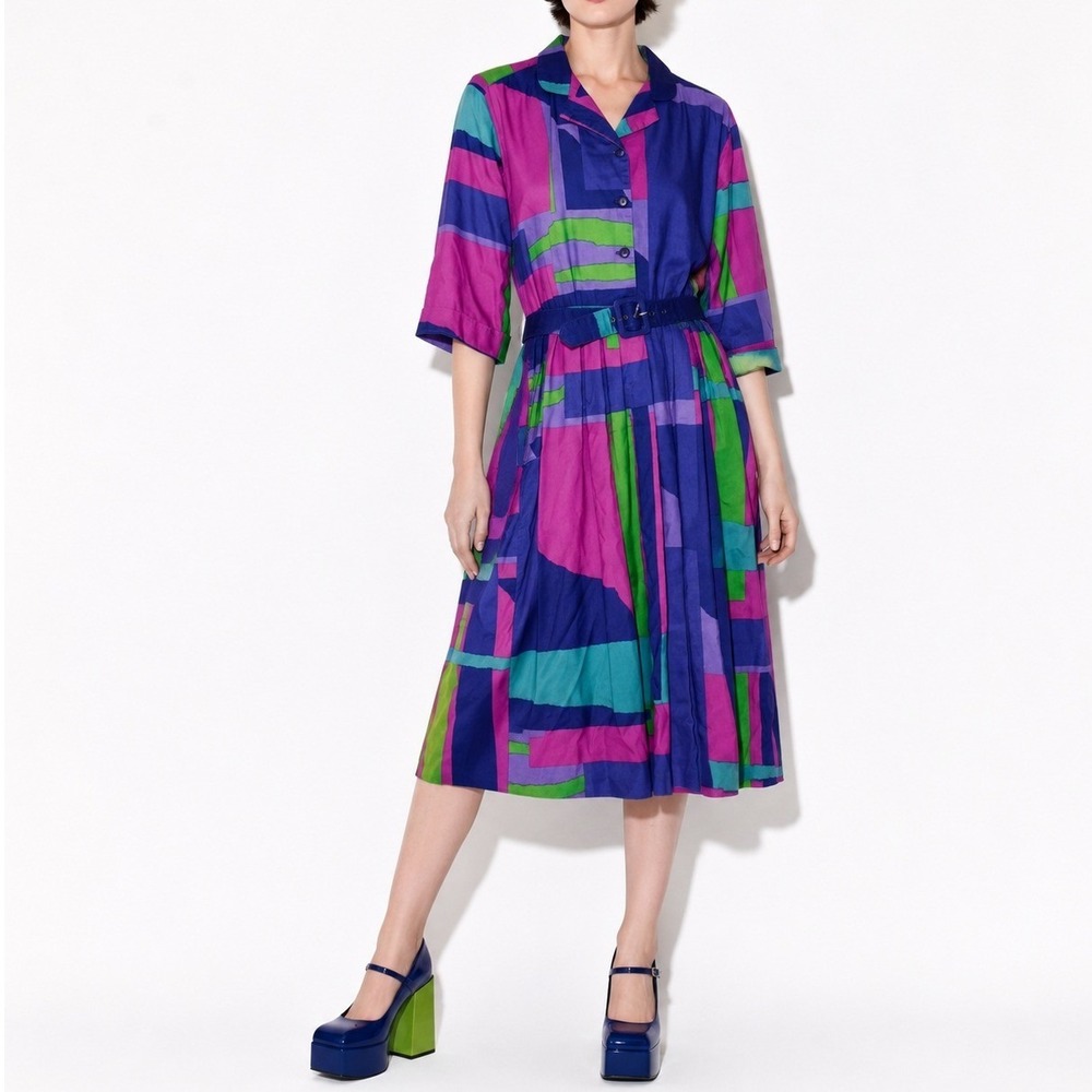 60s Vintage Geometric Print Midi Dress Women 2XL Colorful Shirt Dress 3/4 Sleeve